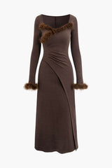 Faux Fur Trim Wrap Ruched Pleated Midi Dress