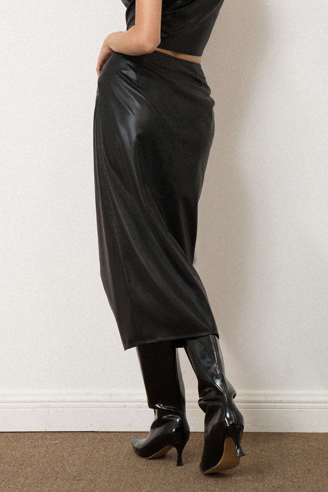 Faux Leather Wrap Knot Midi Skirt