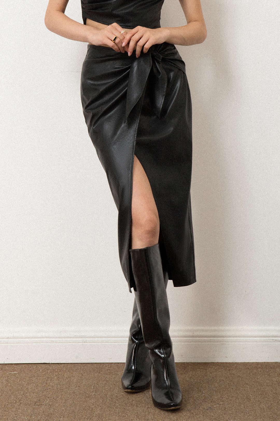 Faux Leather Wrap Knot Midi Skirt