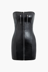 Faux Leather Zip Up Strapless Mini Dress
