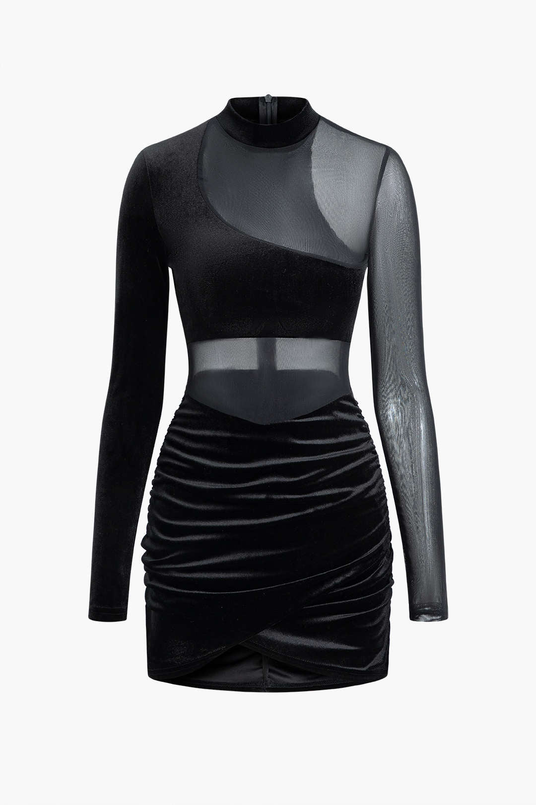 Contrast Velvet Panel Mesh Mock Neck Long Sleeve Mini Dress