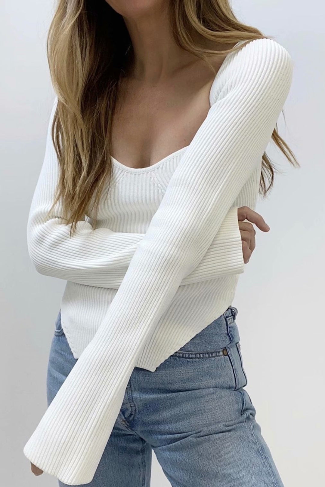 Sweetheart Neckline Long Sleeve Knit Top