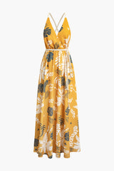 Leaves Print V-neck Rope Tie Backless Maxi Dress