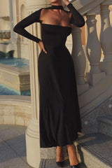 Cut Out Mock Neck Long Sleeve Pleated Maxi Dress