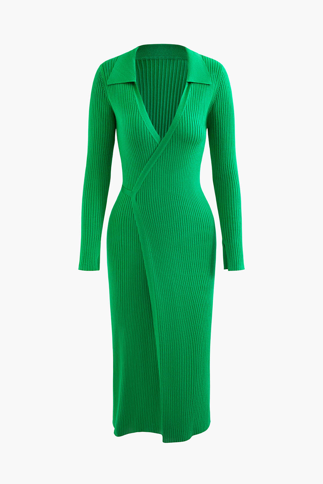 V-neck Wrap Tie Long Sleeve Rib Knit Midi Dress