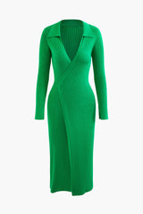 V-neck Wrap Tie Long Sleeve Rib Knit Midi Dress