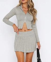 Pleated Mini Skirt Knitted Two Piece Set