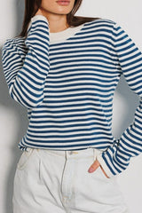 Stripe Crew Neck Ribbed Trim Pullover Sweater