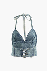 3D Rhinestone Flower Denim V-neck Halter Top