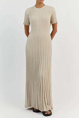 Round Neck Tie Waist Rib Knit Maxi Dress