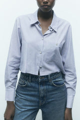 Pinstripe Patch Pocket Button Up Crop Shirt