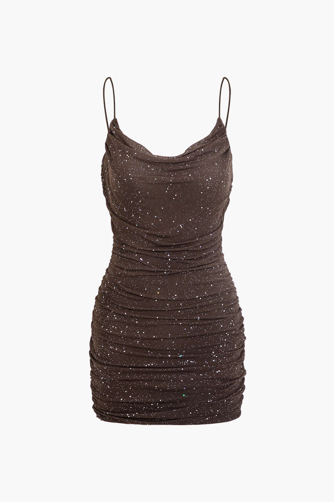 Sequin Cowl Neck Ruched Mesh Slip Mini Dress