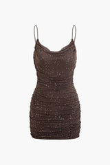 Sequin Cowl Neck Ruched Mesh Slip Mini Dress