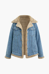 Faux Fur Pocket Notched Lapel Denim Jacket