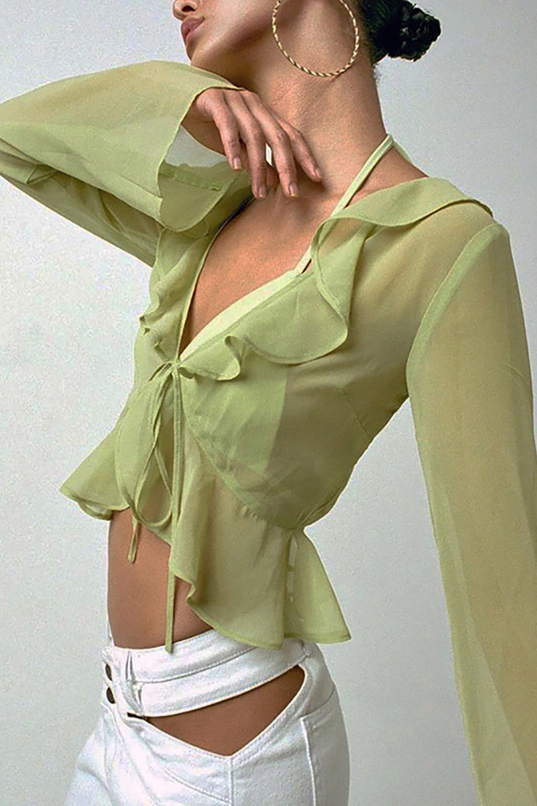 Deep V-neck Ruffle Tie Front Long Sleeve Crop Blouse