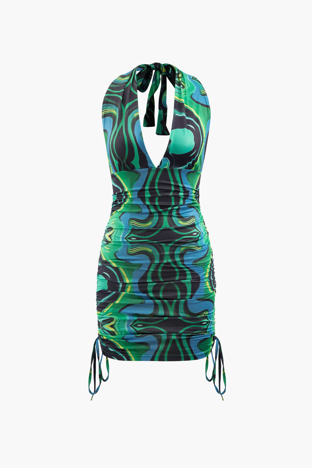 Printed Drawstring Ruched Halter Bodycon Mini Dress