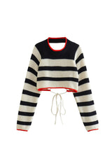 Contrast Stripe Backless Long Sleeve Knit Top