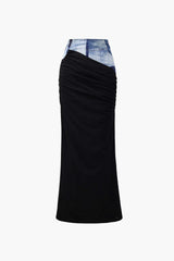 Jersey Panel Denim-Like Print Maxi Skirt