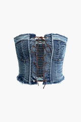 Frayed Trim Denim Braided Eyelet Tie Tube Top