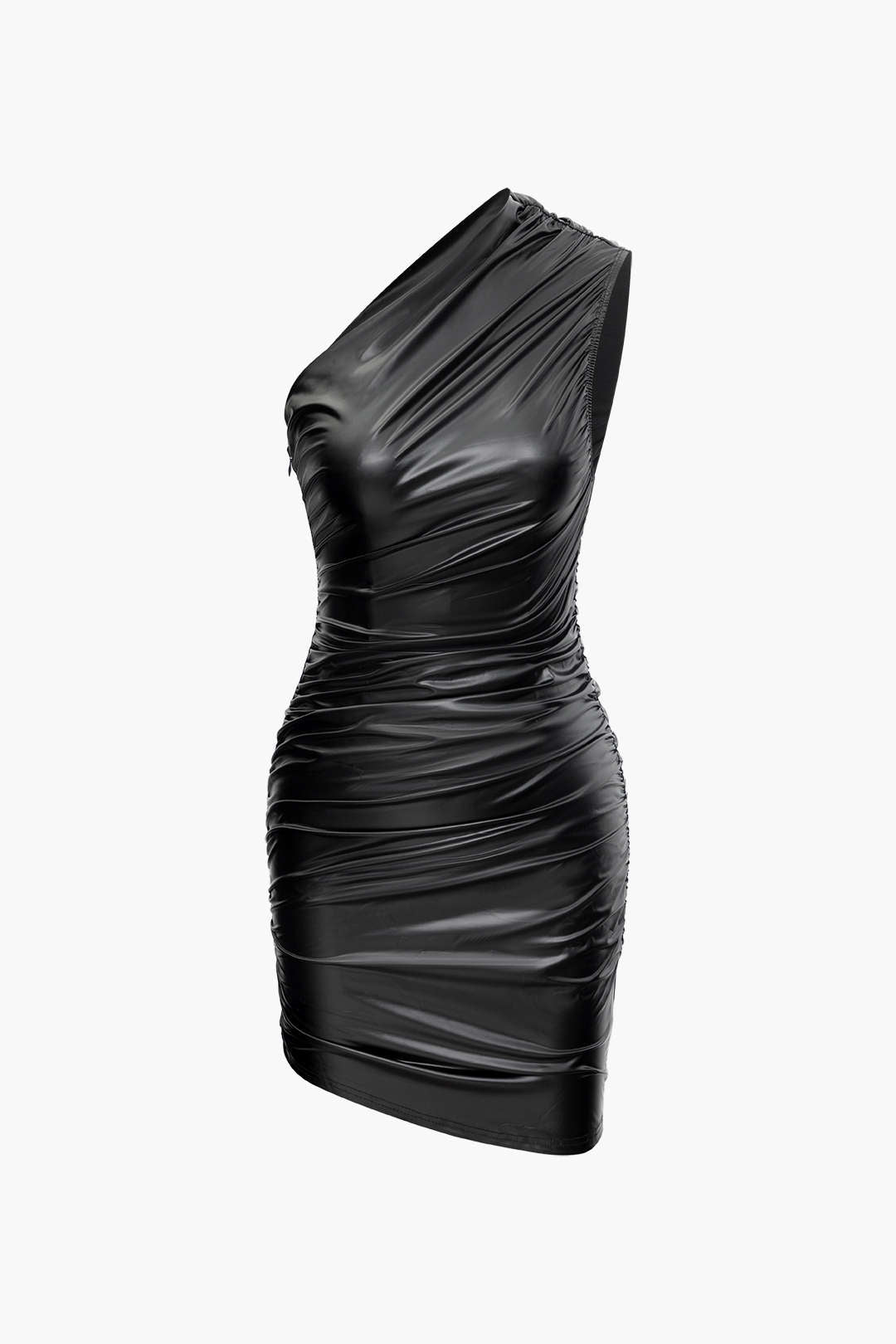 Faux Leather Asymmetric Ruched Mini Dress