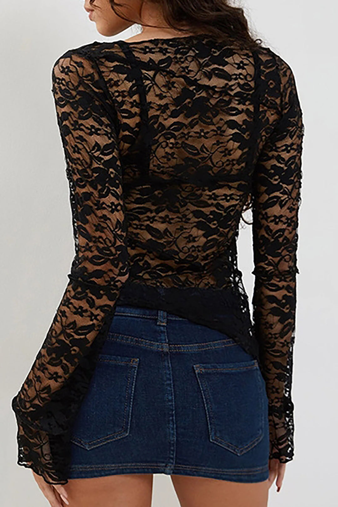 Floral Lace Sheer Asymmetric Long Sleeve Top