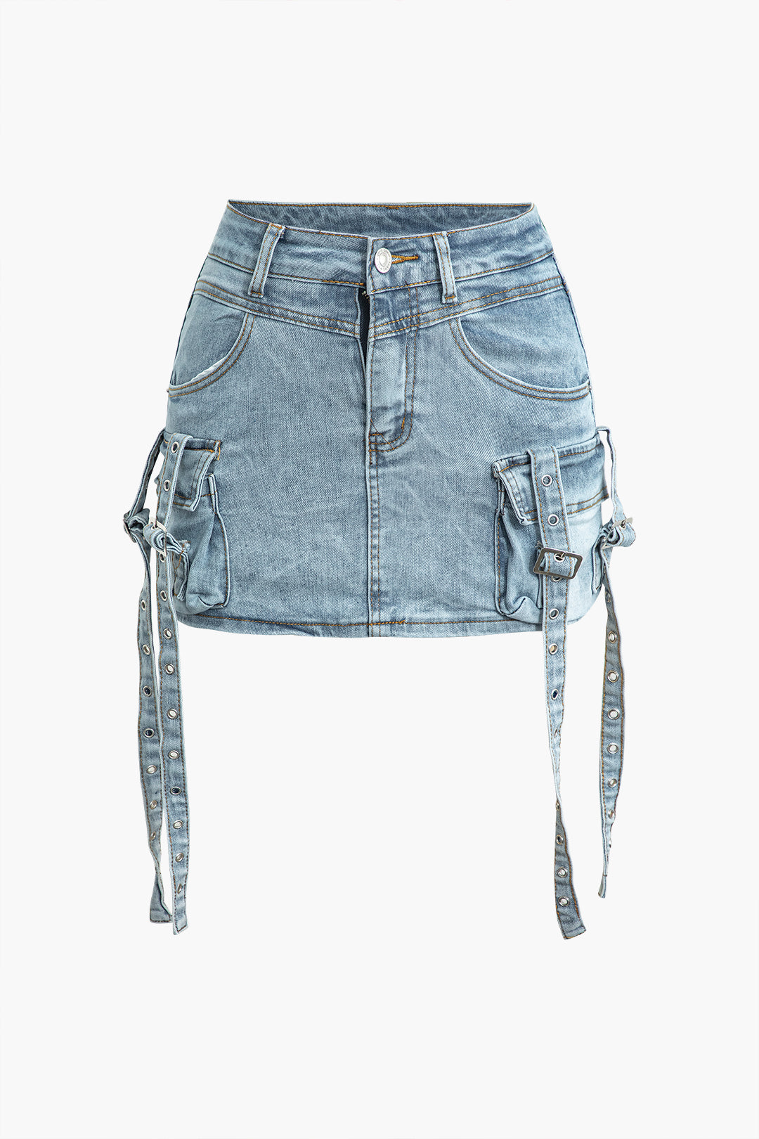 Faded Tie Flap Pocket Denim Mini Skirt