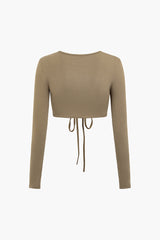 Deep V-neck Drawstring Long Sleeve Crop Top