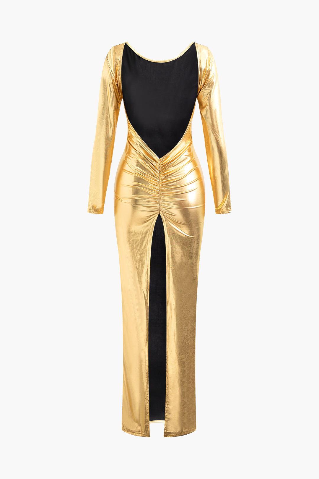 Metallic Backless Ruched Slit Long Sleeve Maxi Dress