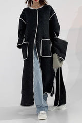 Contrast Trim Patch Pocket Button Coat With Tassel Scarf