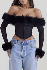 Faux Fur Trim Off Shoulder Corset Crop Top