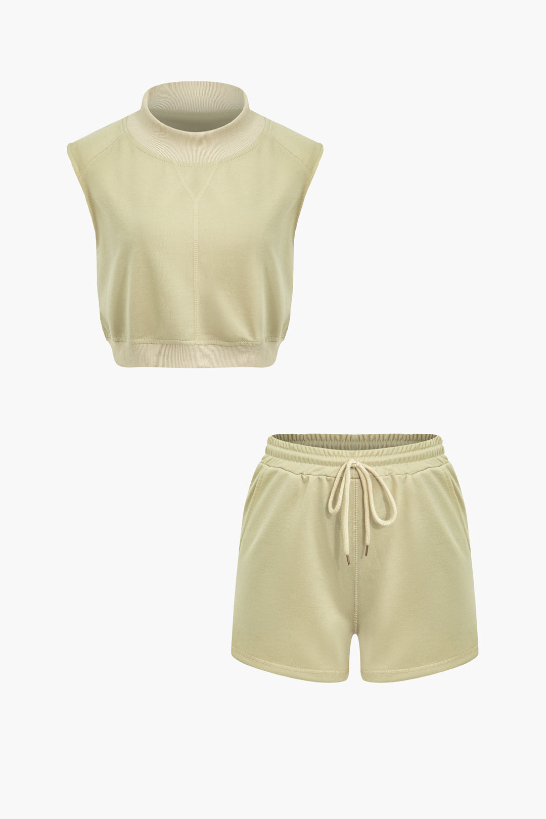 Solid Sleeveless Mock Neck Crop Top And Drawstring Shorts Set