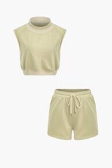 Solid Sleeveless Mock Neck Crop Top And Drawstring Shorts Set