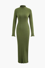 Solid Mock Neck Rib Knit Lettuce Trim Maxi Dress