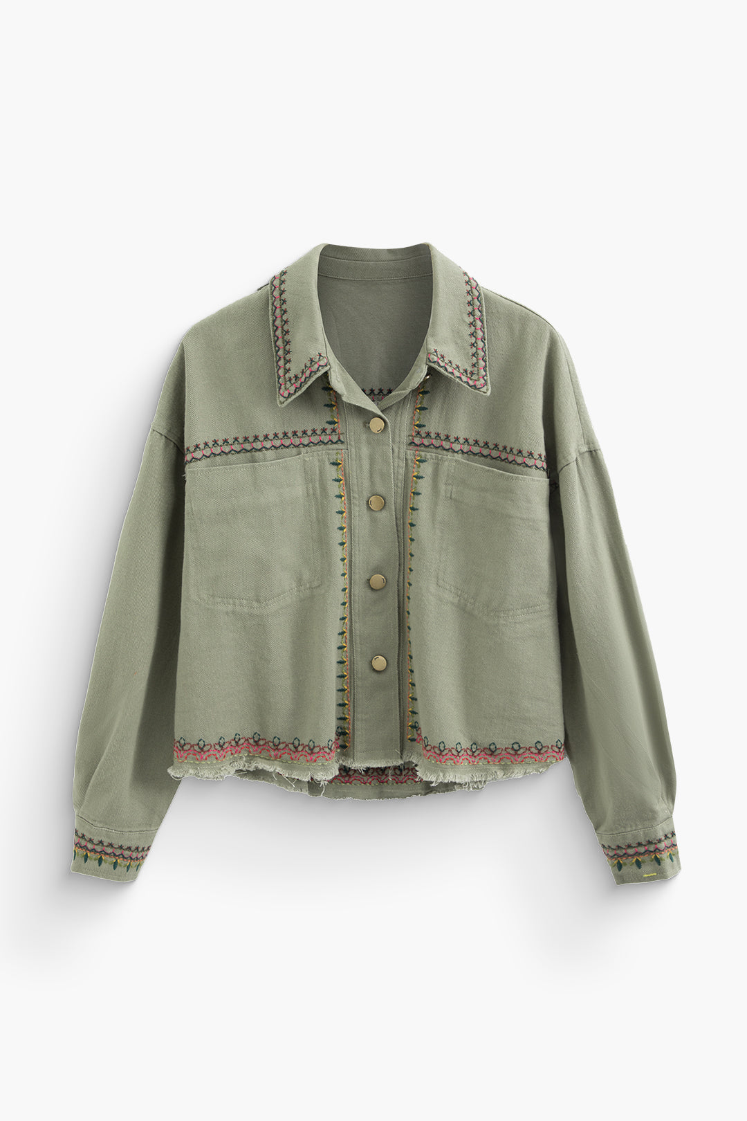 Embroidered Frayed Hem Button Up Pocket Lapel Jacket