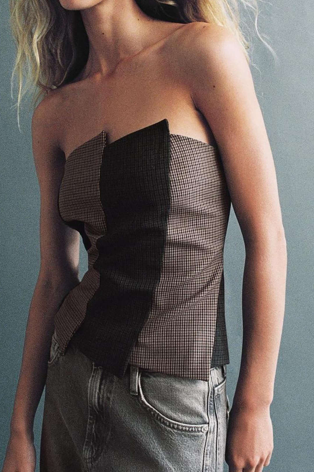 Asymmetrical Patchwork Houndstooth Tube Top