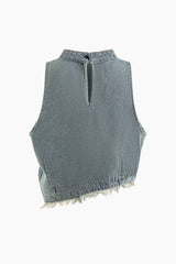 Stand Collar Asymmetric Sleeveless Fringe Hem Denim Top