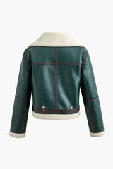 Fleece Faux Leather Zipper Crop Jacket