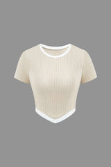 Contrast Trim Round Neck V-hem Rib Knit T-shirt