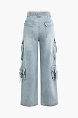 High Waist Flap Pocket Wide Leg Cargo Jeans