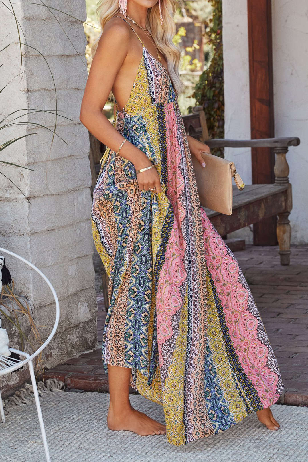 Printed V-neck Backless Slip Maxi Dress