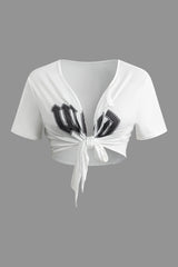 Letter Print V-neck Knot Crop T-shirt