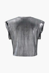 Metallic Rolled Cuff Knot Hem T-Shirt