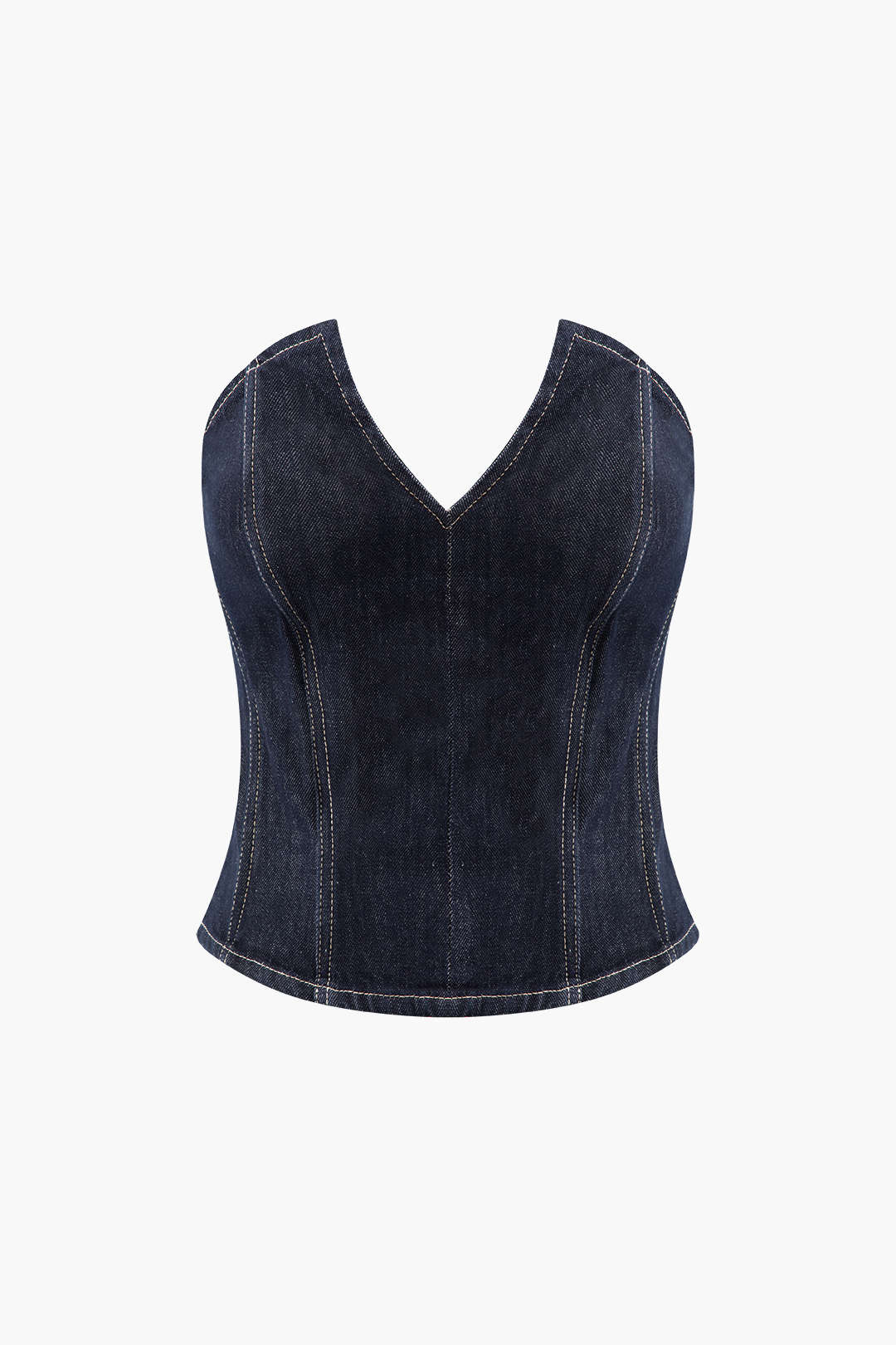 Zipper V-neck Strapless Denim Top