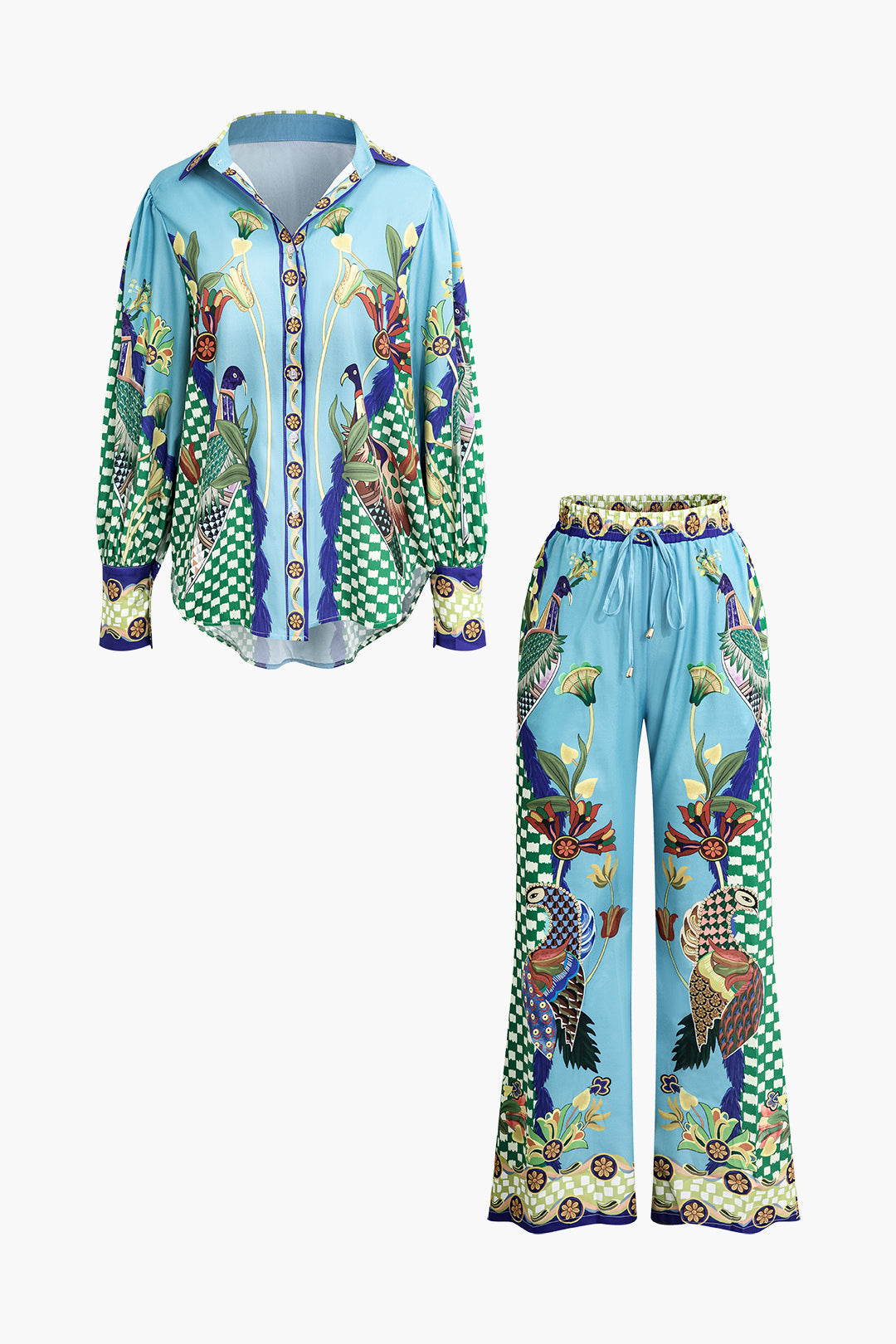 Floral Print Shirt And Drawstring Wide Leg Pants Set