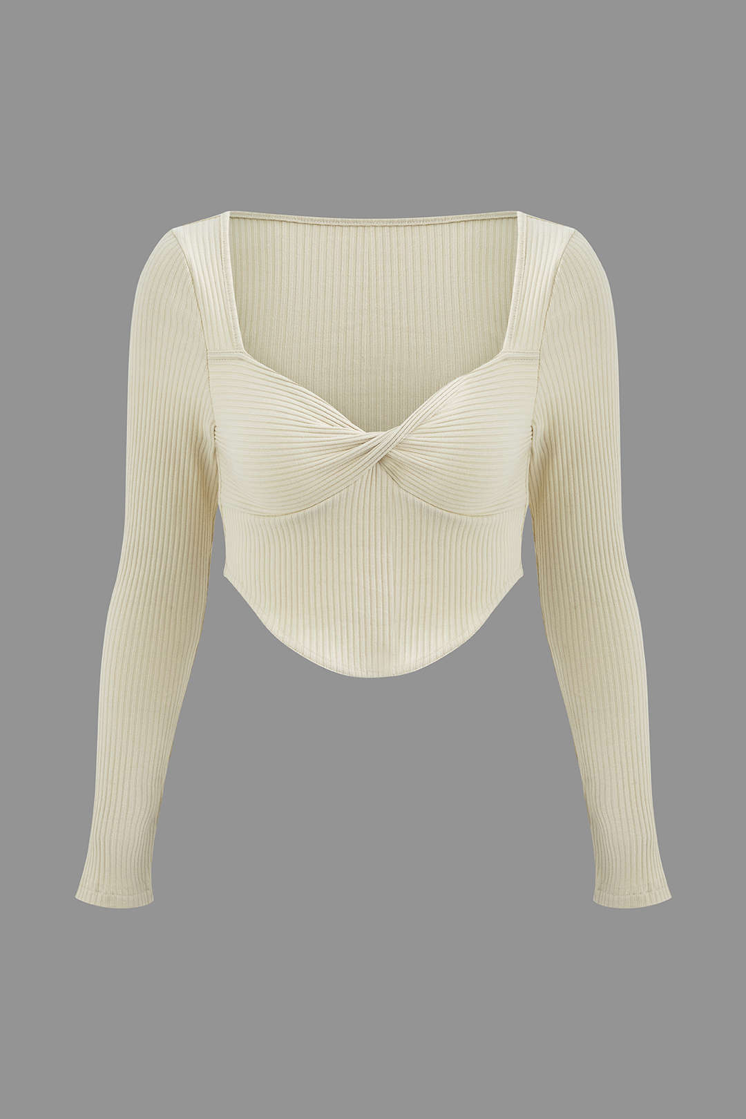 Square Neck Twist Front Crop Rib Knit Long Sleeve Top