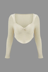 Square Neck Twist Front Crop Rib Knit Long Sleeve Top