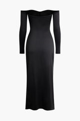 Off shoulder Ruched Slit Long Sleeve Maxi Dress