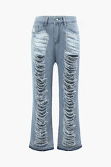 Frayed Ripped Low Rise Straight Leg Jeans