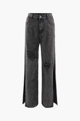 High Waisted Distressed Slit Straight Leg Jeans