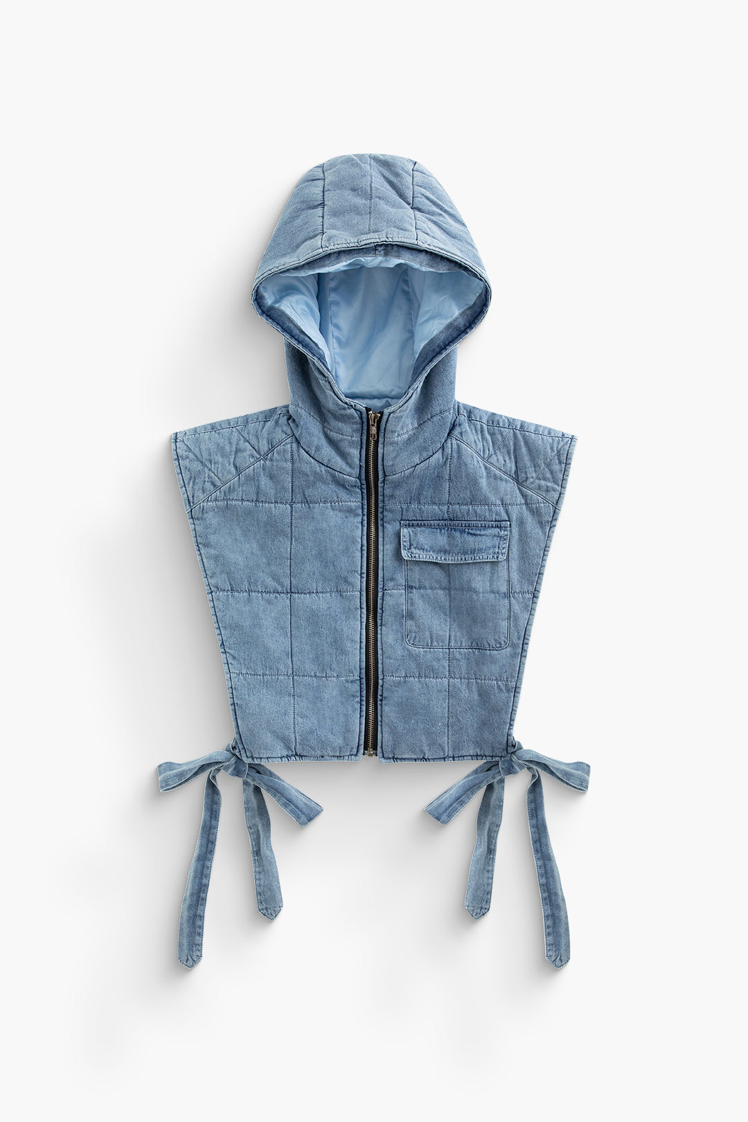 Quilted Knot Side Zipper Hooded Denim Vest